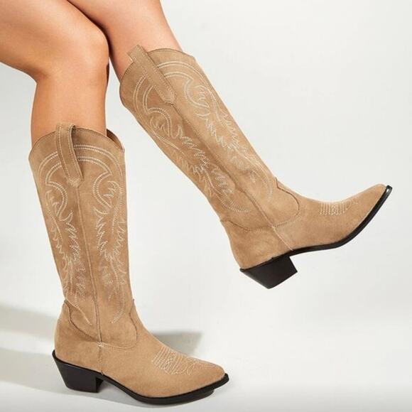 SHEIN Tan Faux Suede Western Cowboy Boots Pointed Toe Women’s Size 8 - Picture 1 of 6